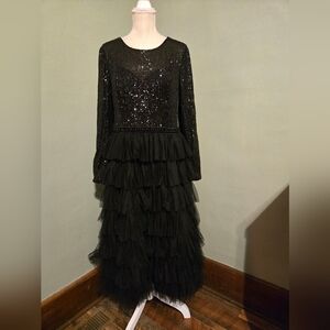 Mac Duggal Black Sequin Ruffle Tier Midi Gown Formal Party Prom Size 12